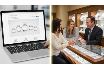 A split image showing a laptop displaying various engagement rings online on one side, and a couple consulting with a jeweler in a jewelry store on the other side.