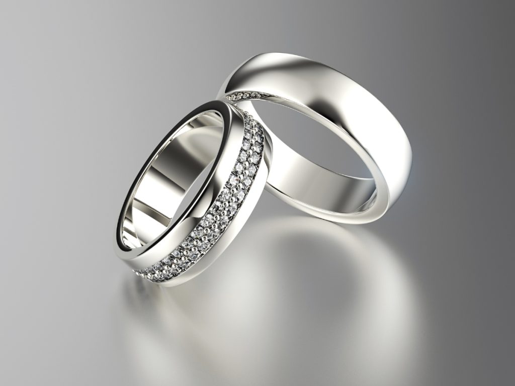 Diamond wedding band set in polished white gold