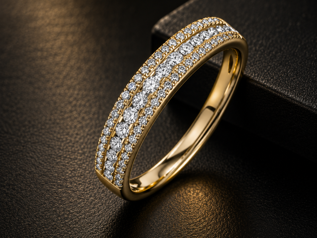 Gold diamond wedding band on black display