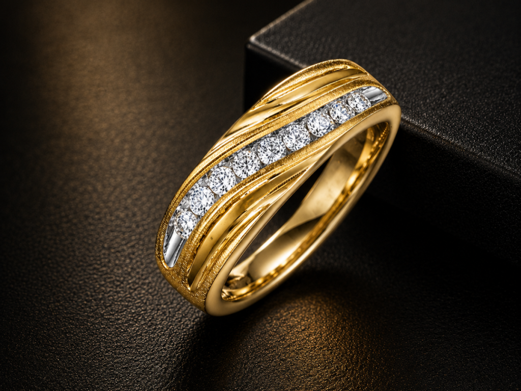 Gold diamond channel wedding band on black display