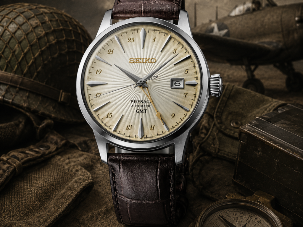 Seiko Presage GMT watch with vintage military styling