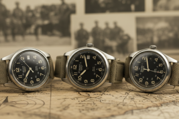 Three vintage Seiko military watches with canvas straps on an old map, with blurred sepia-toned photos of soldiers in the background.