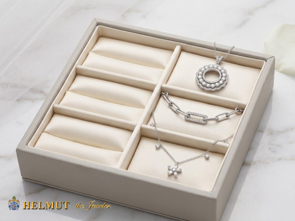 Bridal necklace collection in jewelry display tray