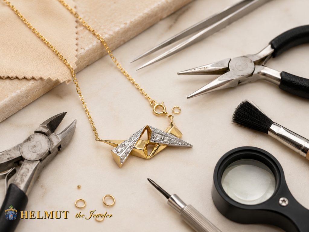 Jewelry repair tools fixing broken gold necklace clasp