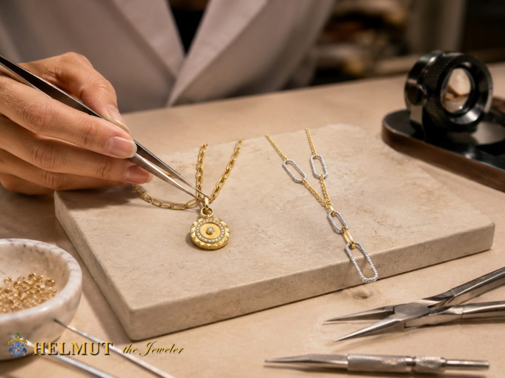 Jeweler repairing gold pendant necklace with precision tools