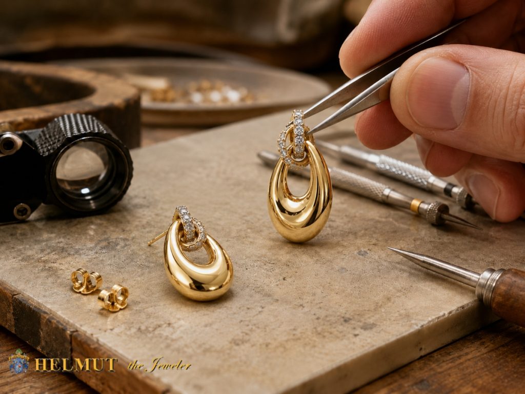 Jeweler repairing gold drop earrings with precision tools