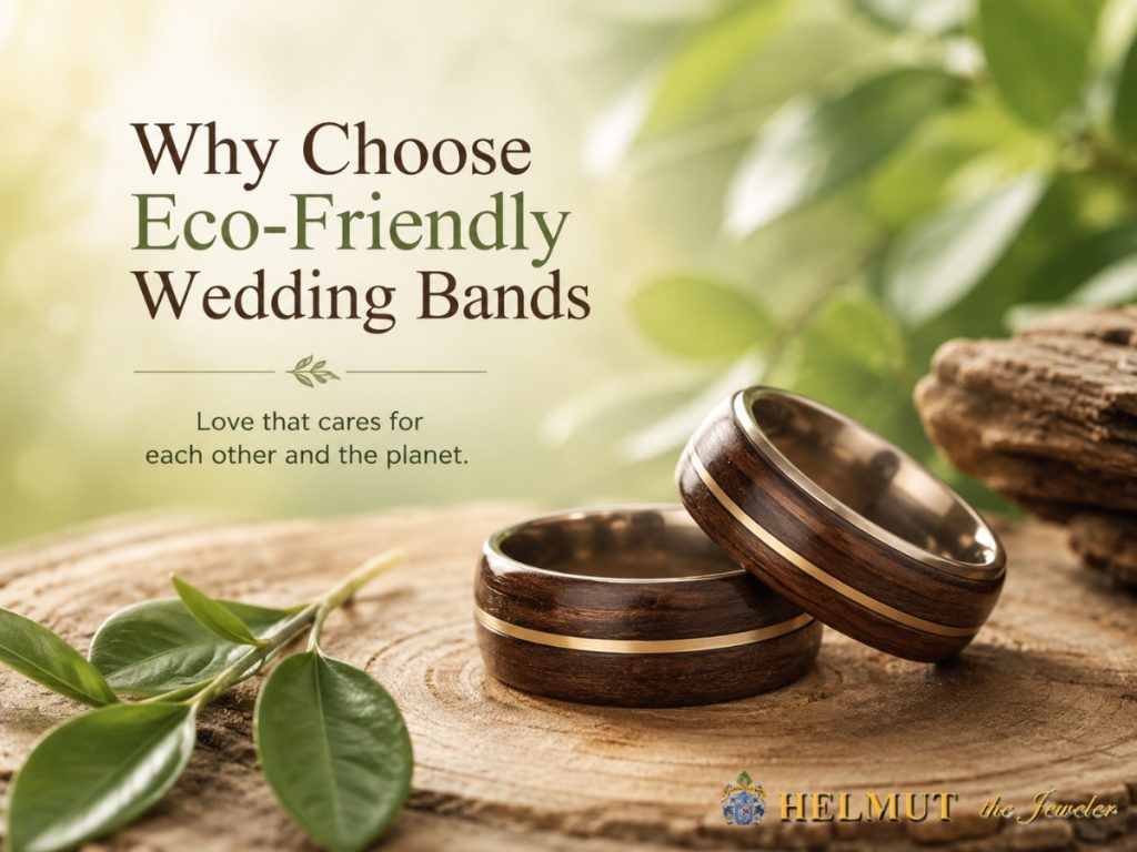 Eco-friendly wood wedding bands on rustic display