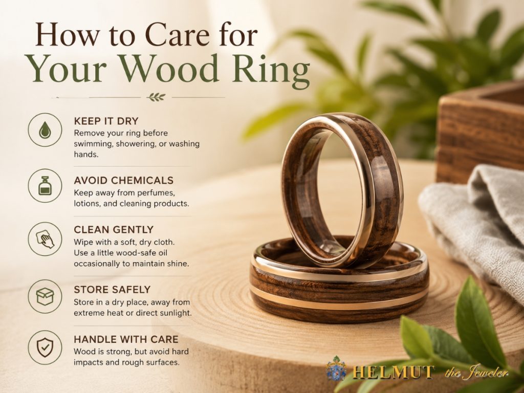 Wood ring care guide with wooden wedding bands