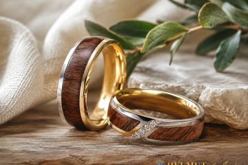 Wood inlay wedding bands with natural gold accents