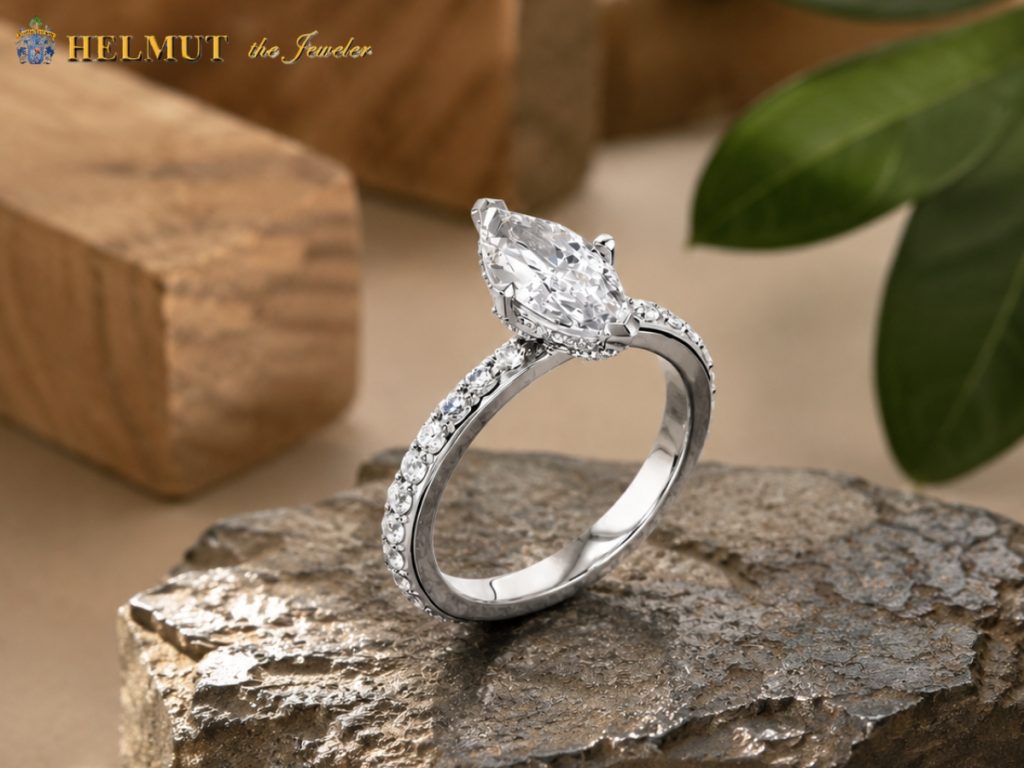 Marquise diamond engagement ring on natural stone