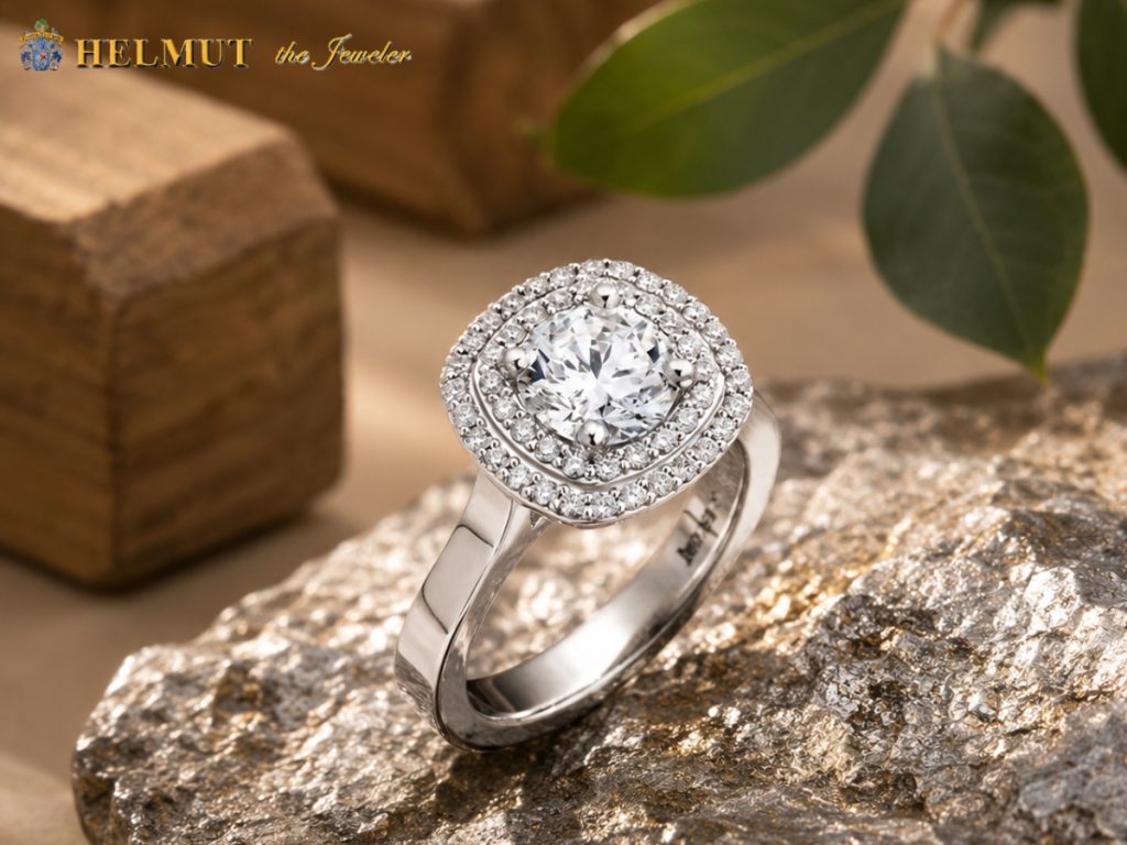 Cushion halo diamond engagement ring closeup