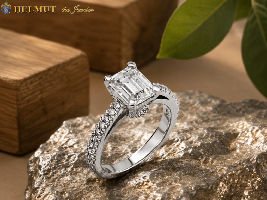 Emerald cut diamond engagement ring on stone