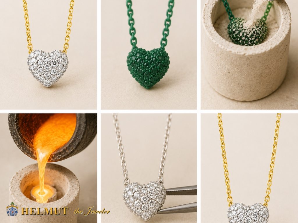 Lost wax casting process for diamond heart pendant
