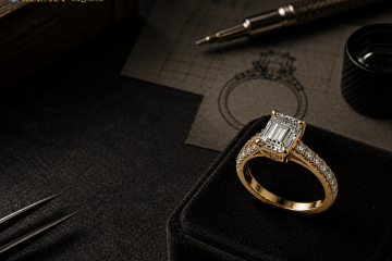 Emerald cut diamond engagement ring on design sketch