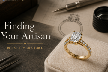 Custom gold diamond ring beside a jewelry sketch