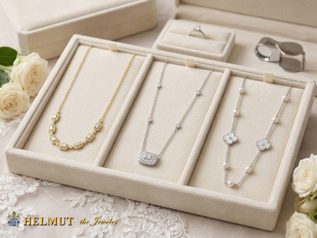 Bridal necklace collection in jewelry display