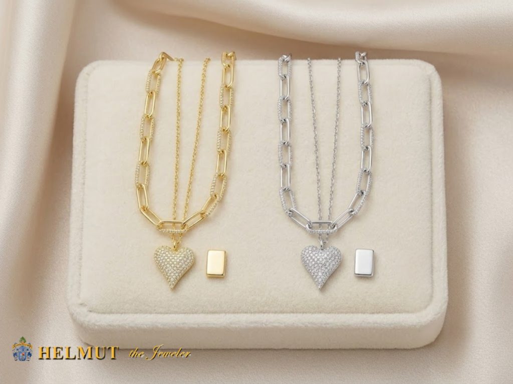 Gold and silver heart pendant necklaces display