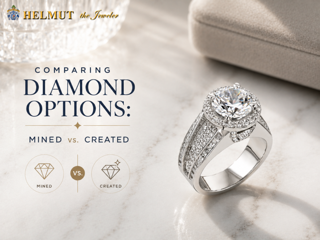 Halo diamond ring comparing mined and created diamonds