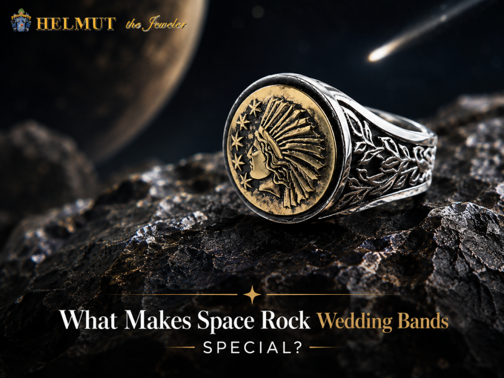Space rock wedding band with detailed gold design