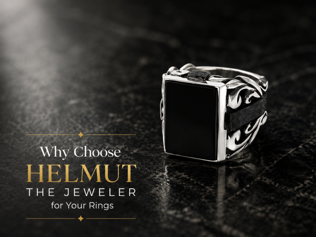 Black space rock ring with detailed silver band
