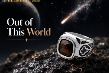 Space rock gemstone ring with celestial background