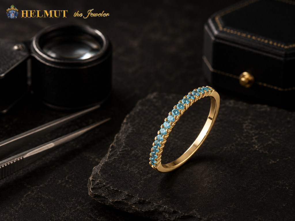 Gold band featuring a row of blue gemstones