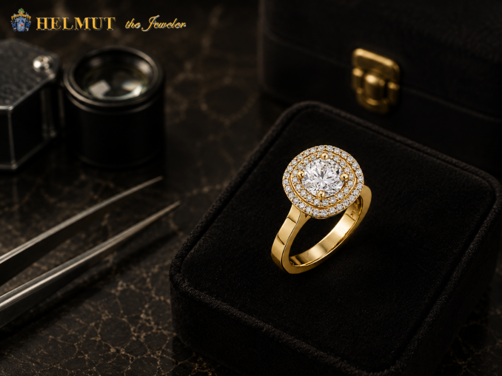 Yellow gold halo diamond ring with round center stone