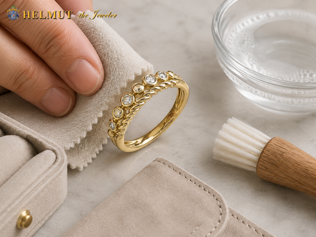 Gold diamond ring cleaned during professional maintenance