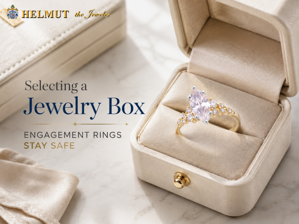 Gold heart diamond ring in a cream jewelry box