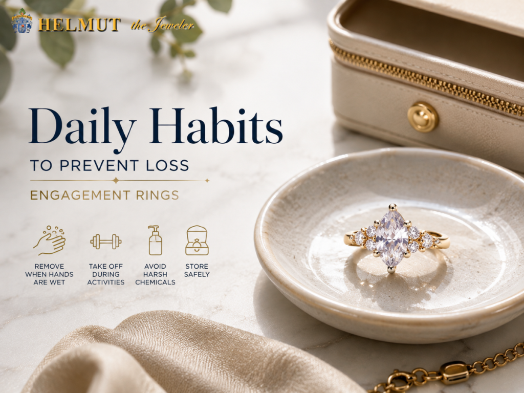 Marquise engagement ring resting in a jewelry dish