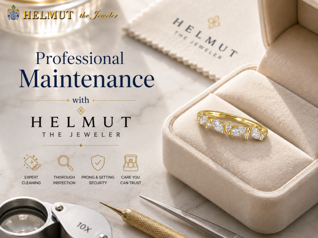 Gold marquise diamond band in a jewelry box