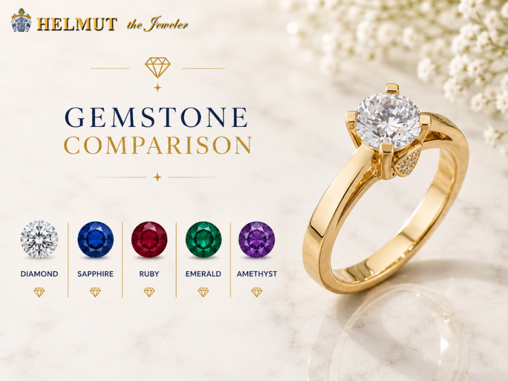 Diamond and colored gemstone comparison display