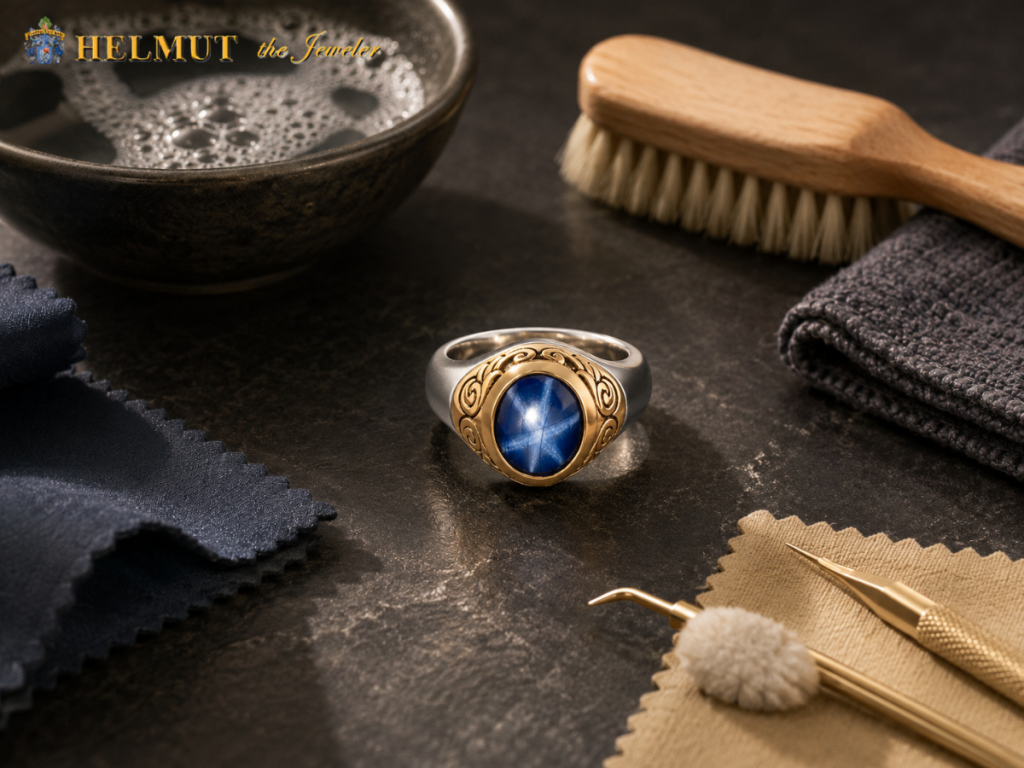 Blue gemstone ring with jewelry cleaning care tools