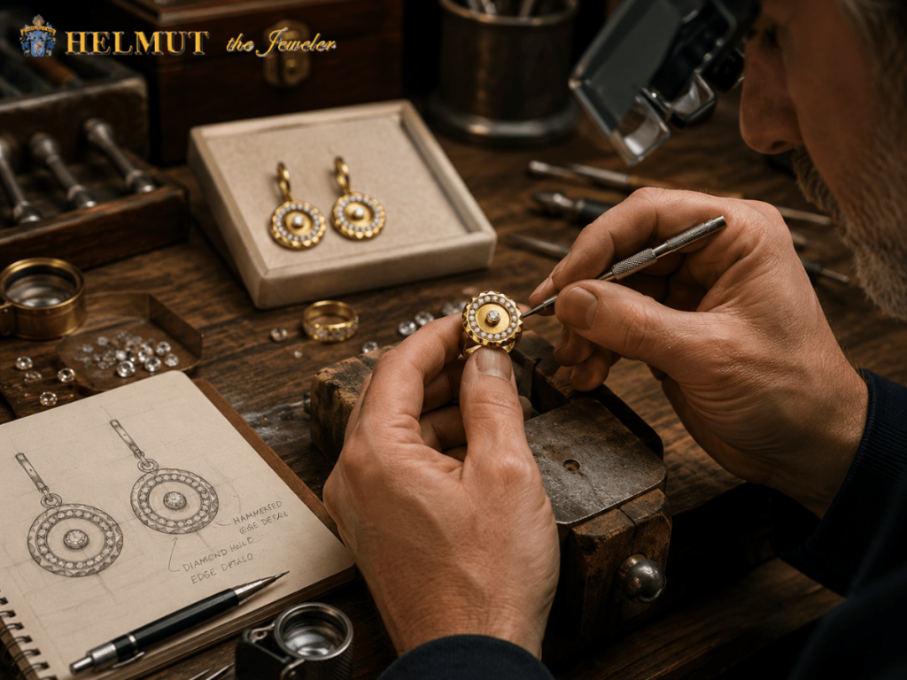 Jeweler handcrafting custom gold diamond earrings