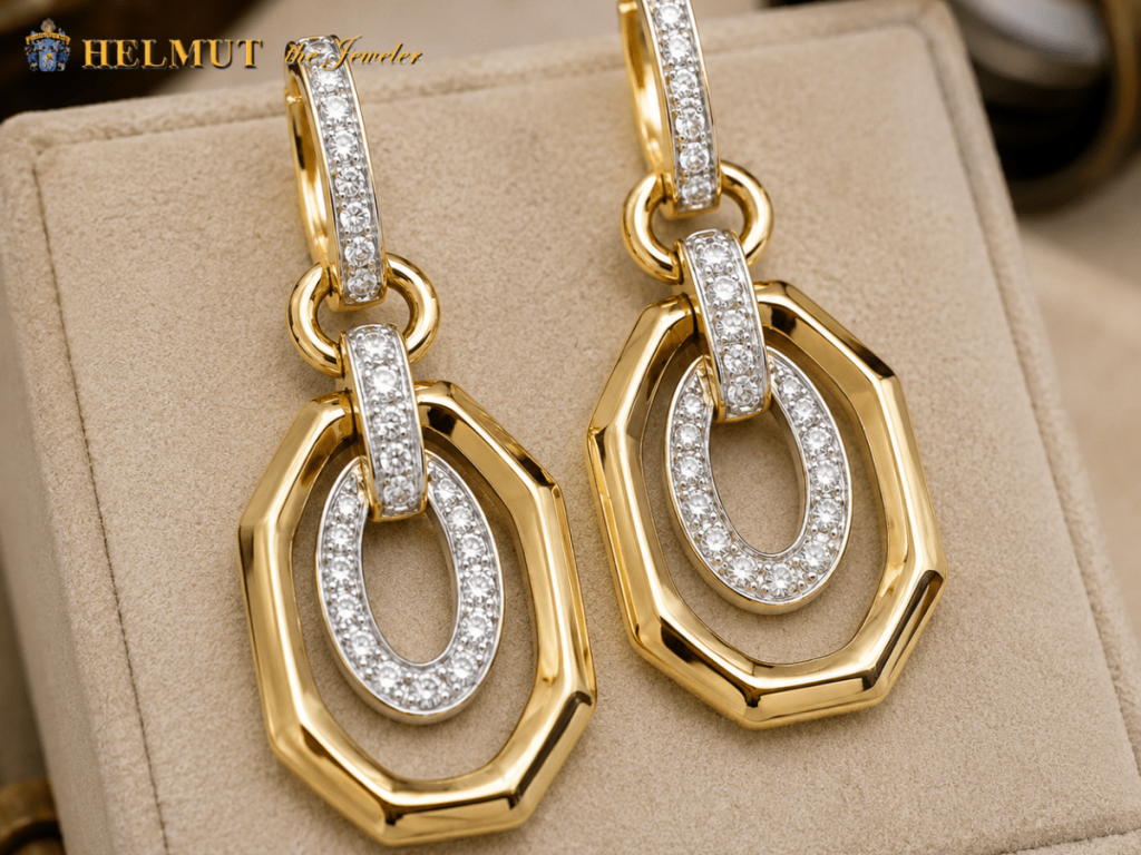 Gold and diamond geometric drop earrings