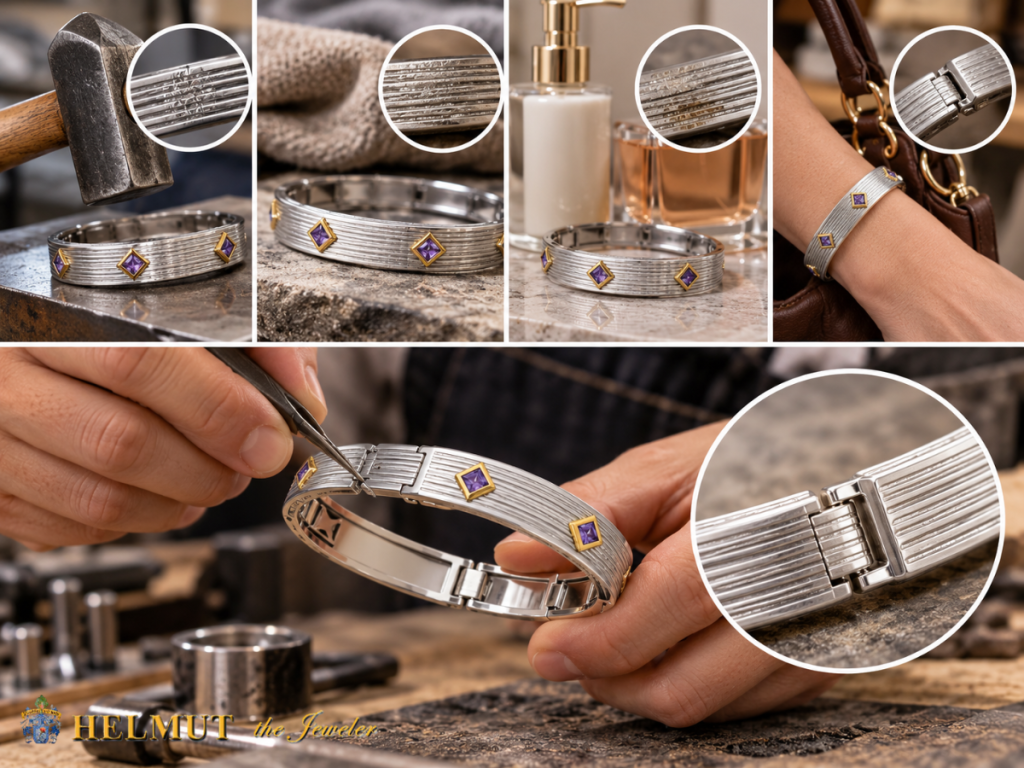 Jeweler repairing clasp on silver gemstone bracelet