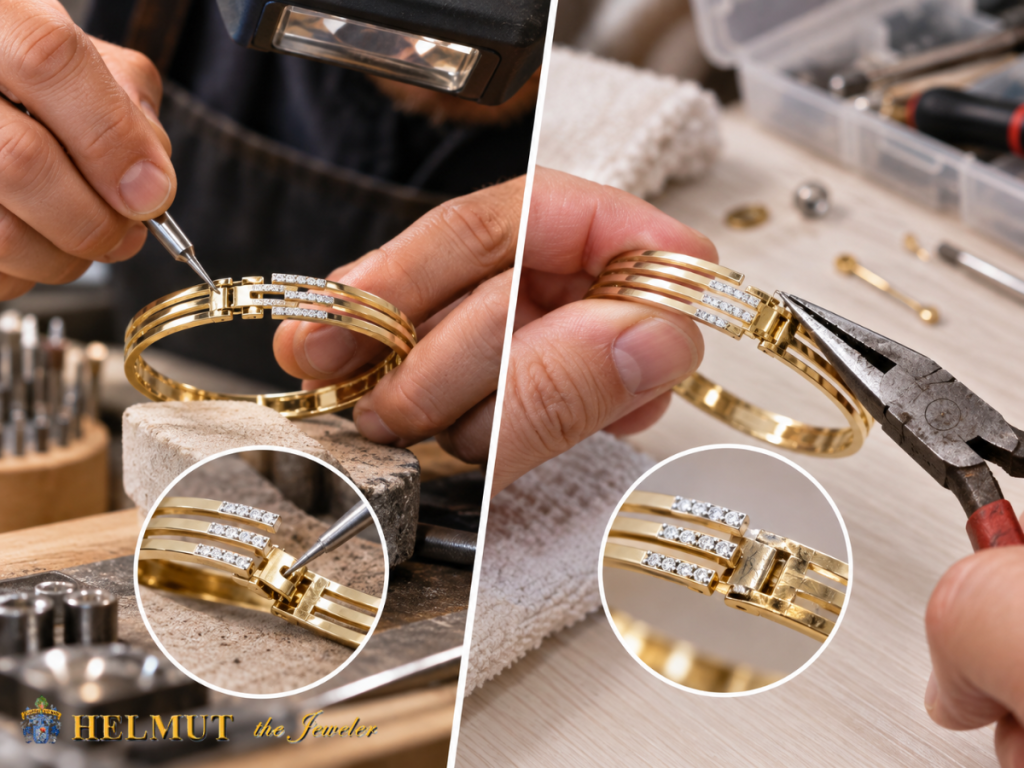 Jeweler repairing clasp on gold diamond bracelet