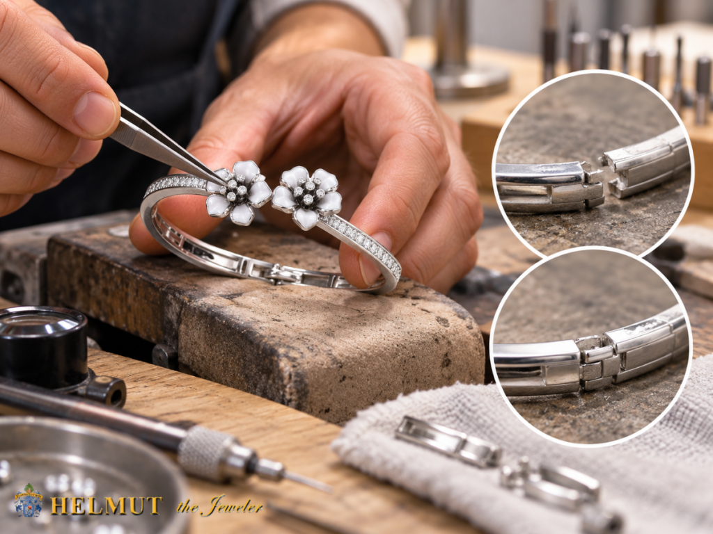 Jeweler repairing clasp on silver floral diamond bracelet
