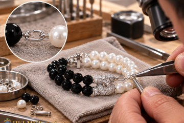Jeweler repairing clasp on black and white pearl bracelet