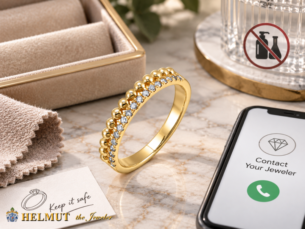 Gold diamond ring with jewelry care reminder