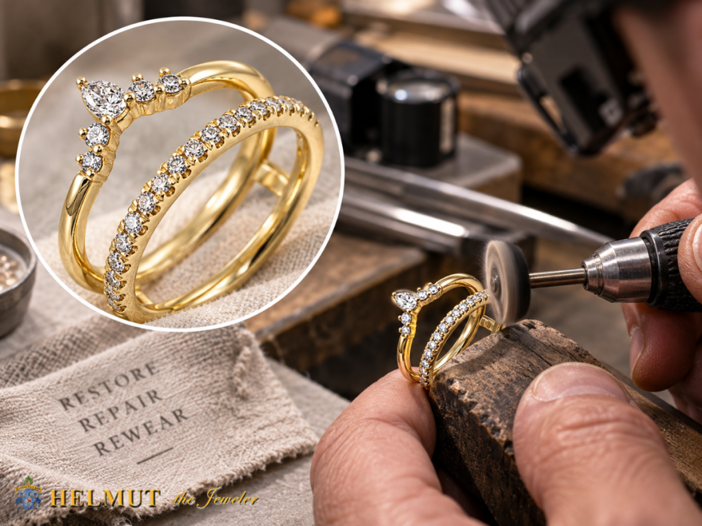 Jeweler polishing gold diamond rings during repair