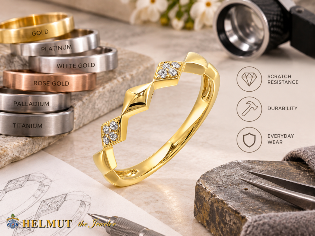 Gold ring beside jewelry metal options