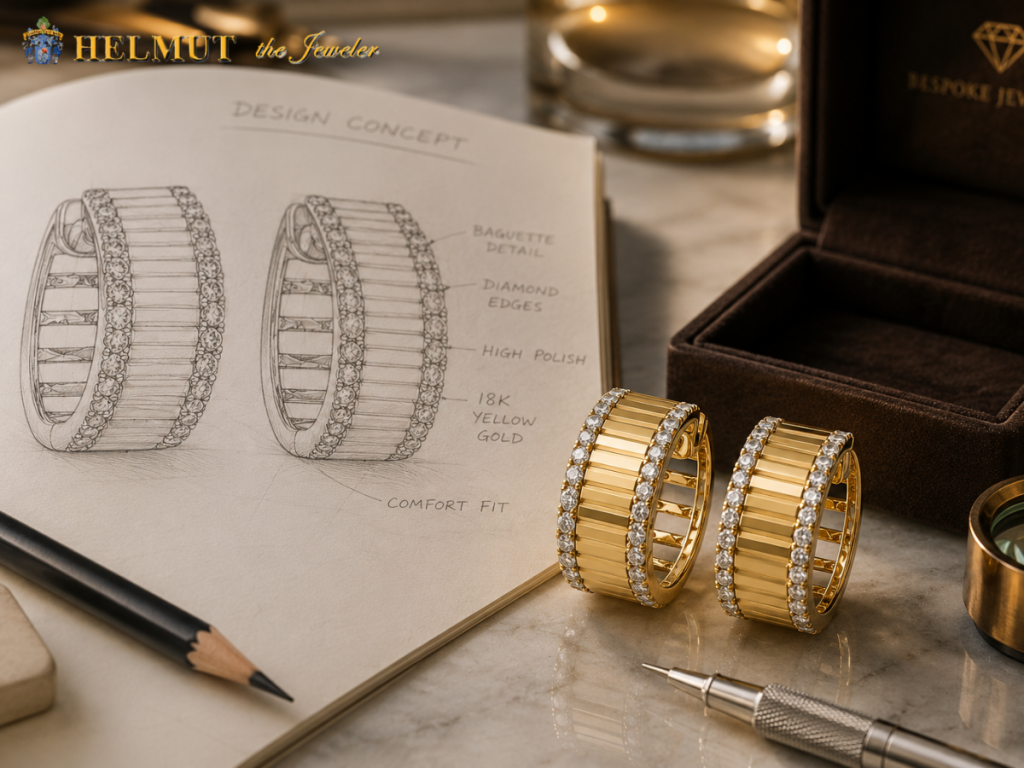 Custom yellow gold diamond earrings from sketch