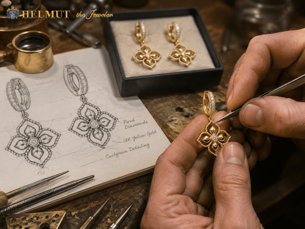 Jeweler crafting custom gold diamond drop earrings