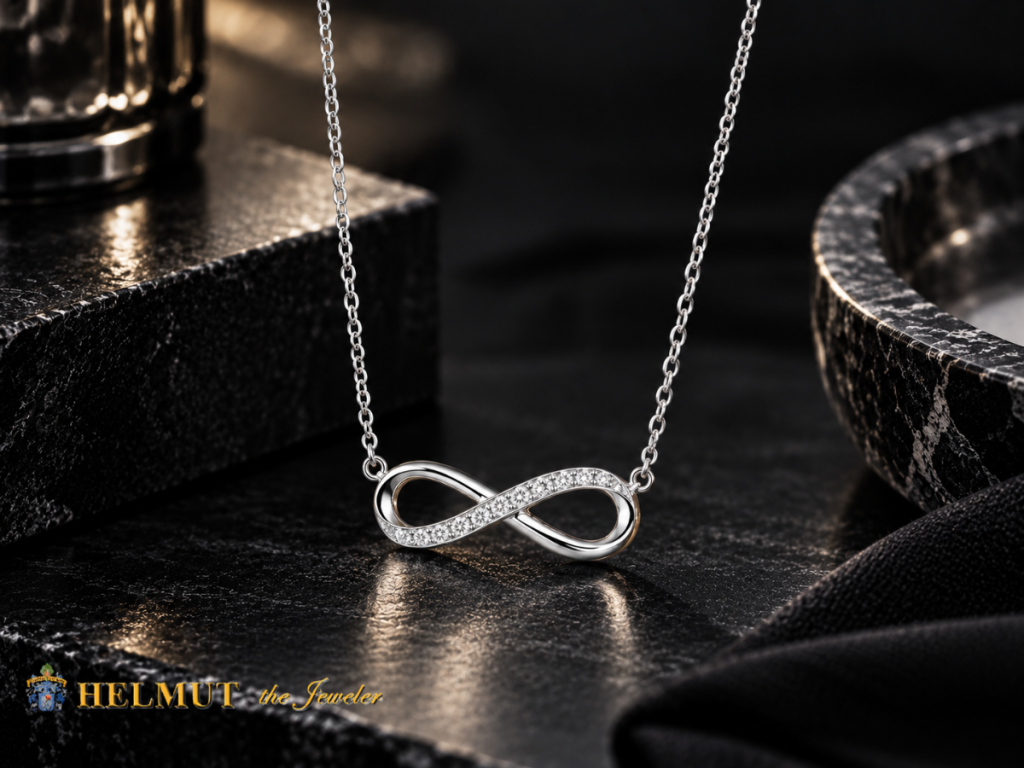 Diamond infinity necklace on black display