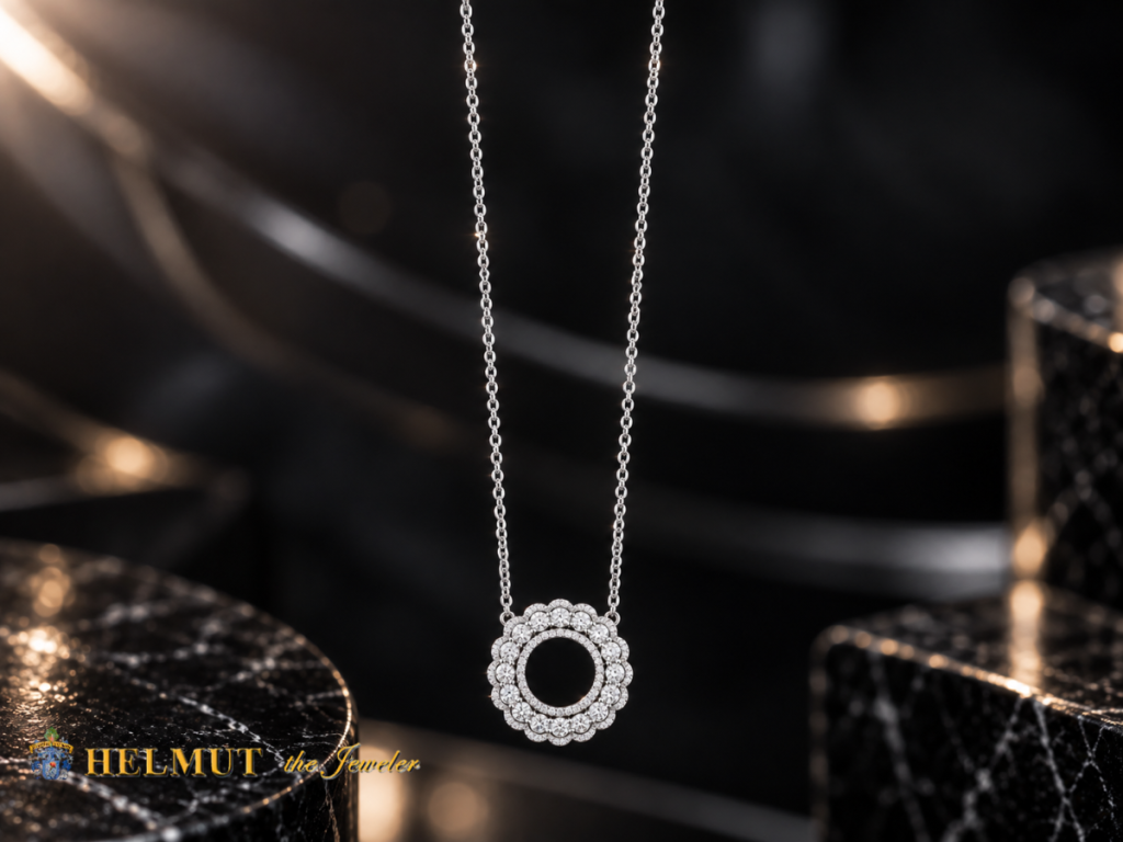 Diamond circle pendant on silver chain