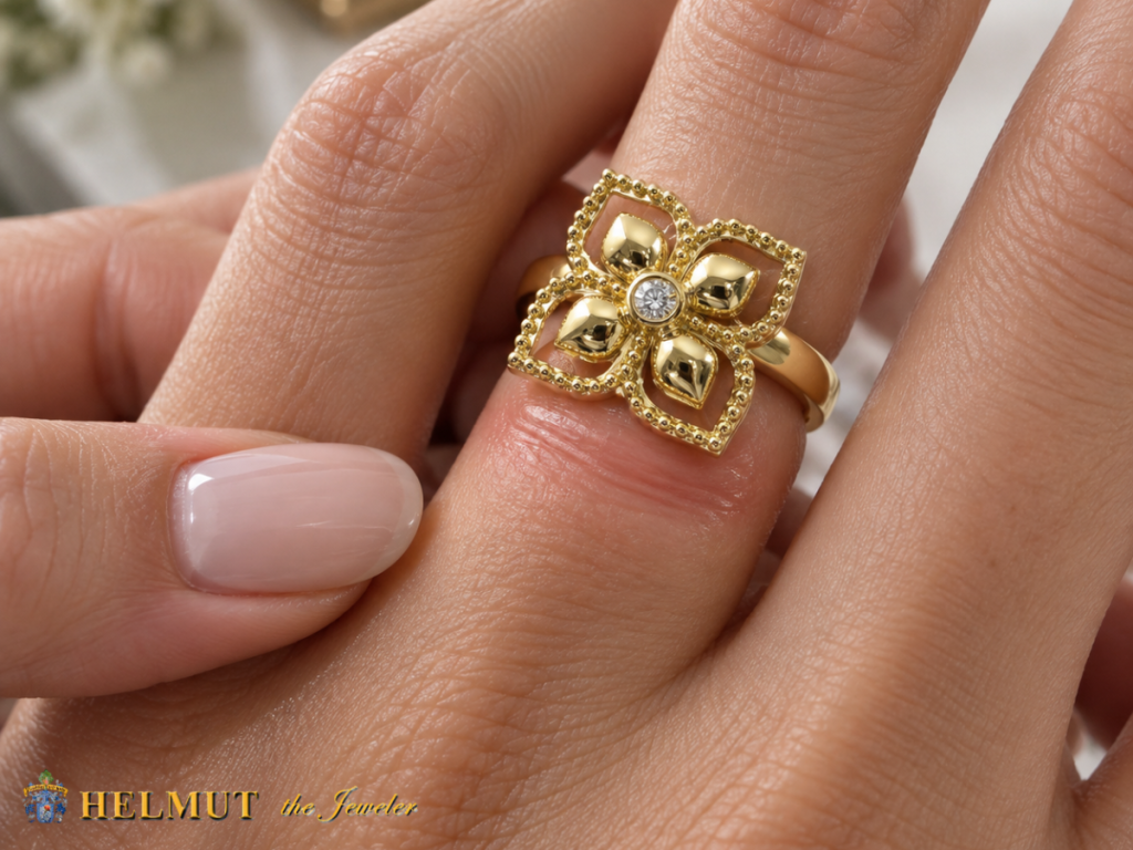 Gold floral ring causing finger irritation