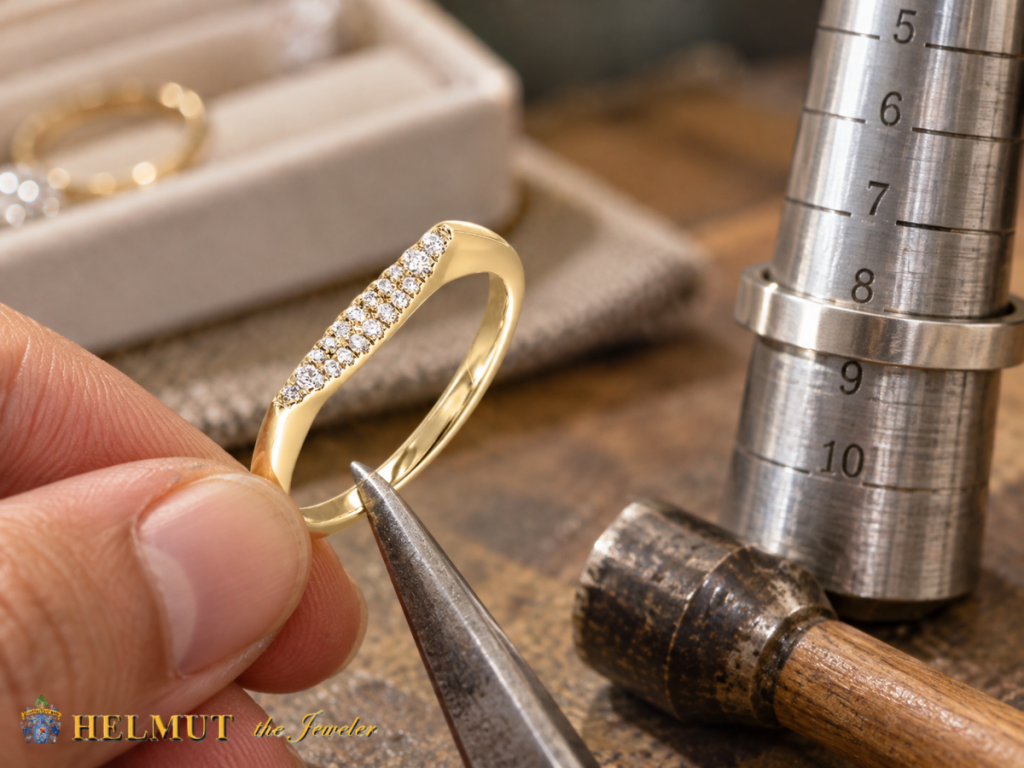 Jeweler resizing gold diamond ring