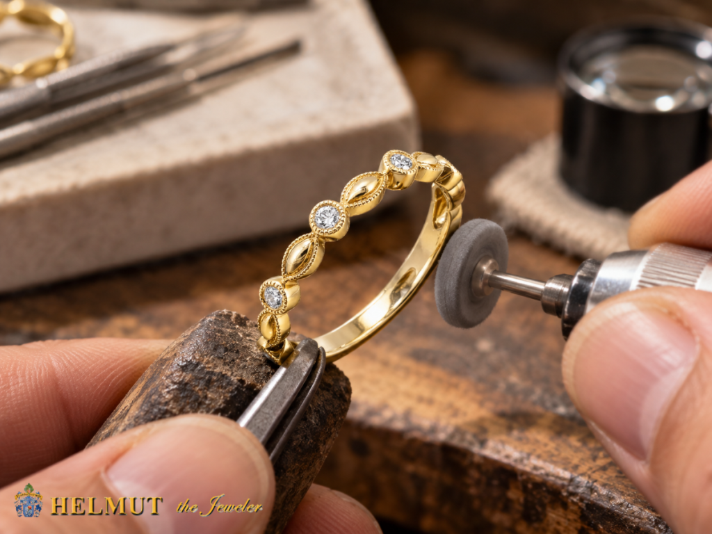 Jeweler polishing gold diamond ring