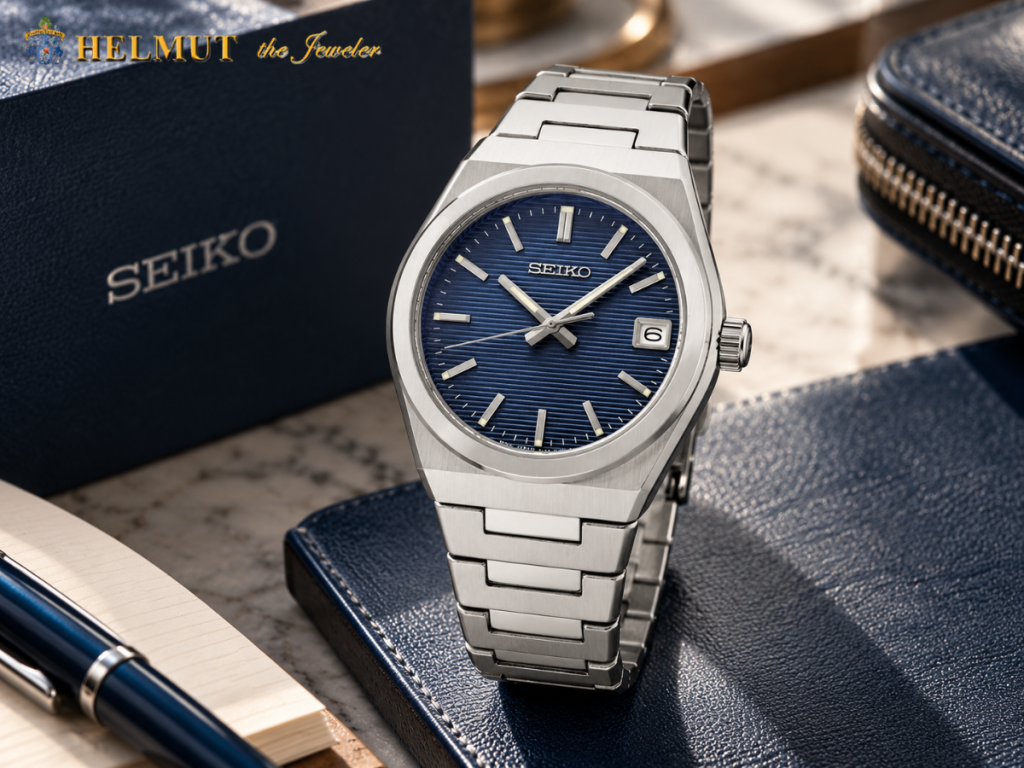 Blue dial Seiko watch with stainless steel bracelet
